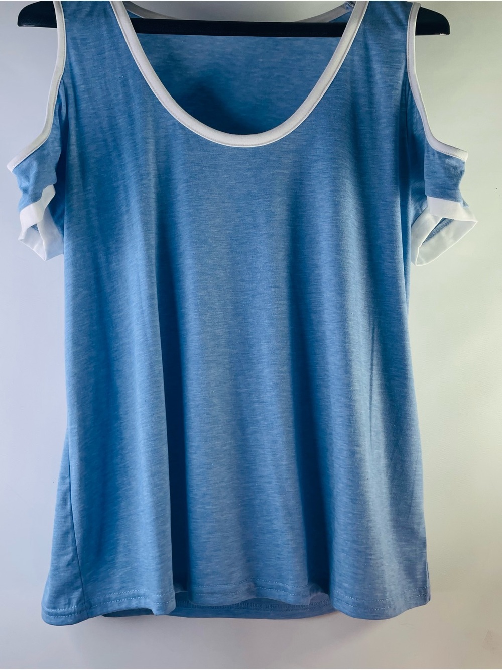 Women's Light Blue Cold-Shoulder Scoop Neck Top with White Trim